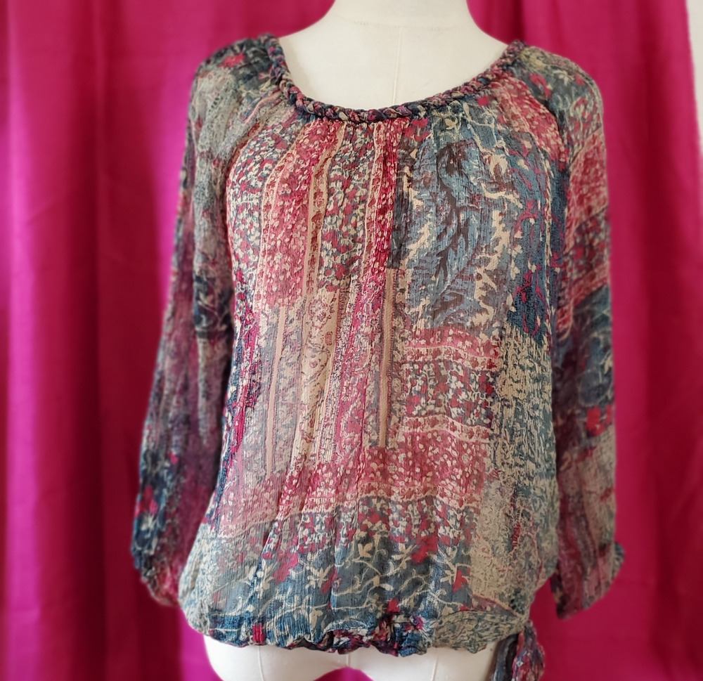 Lucky Brand 100% Silk Blouse Small Blue Floral Patchwork Peasant Top India